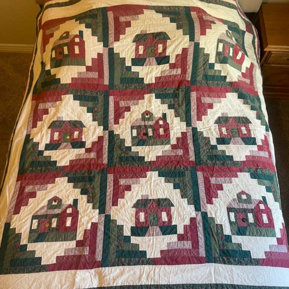 Handmade Patchwork Quilt – Log Cabin House Pattern with Button Details (79” x 79